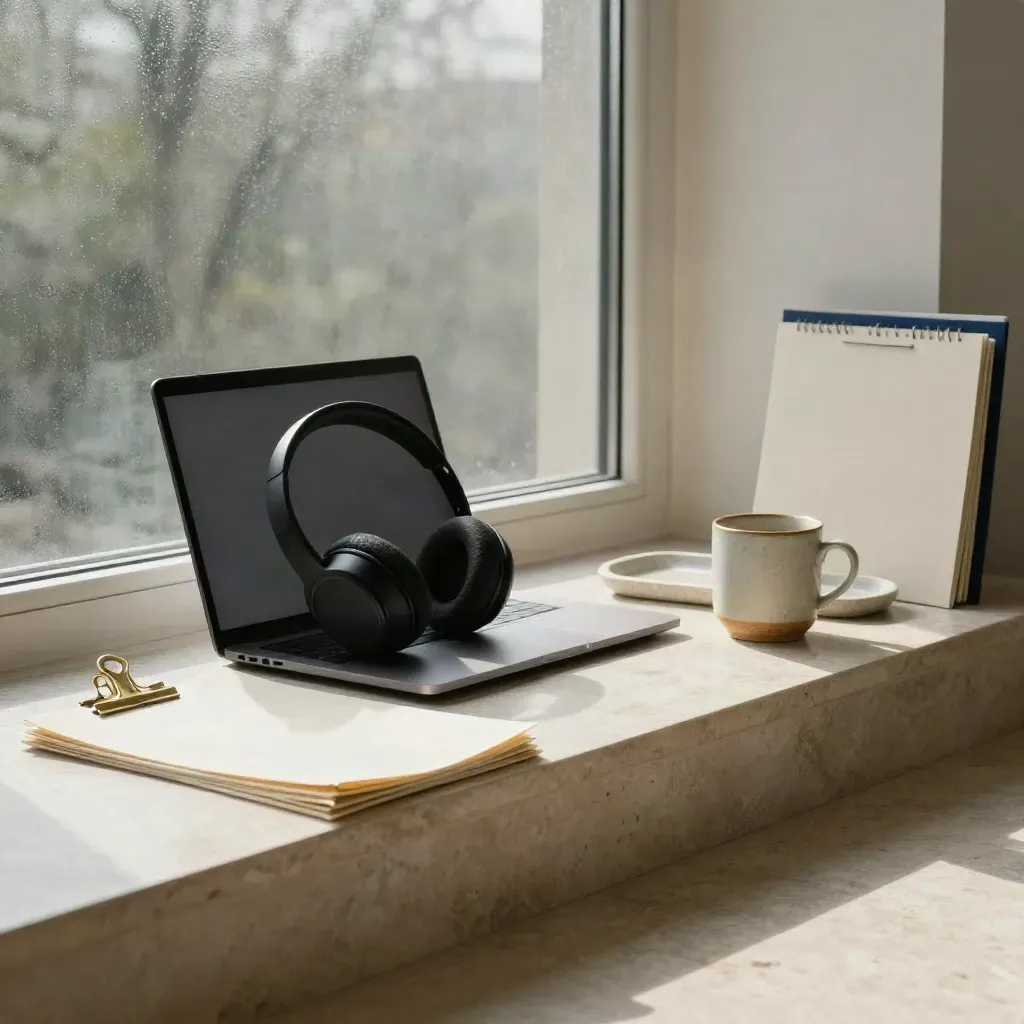 Stapel kandidaatdossiers, headset en laptop in een lichte kantoorhoek na een regenbui.