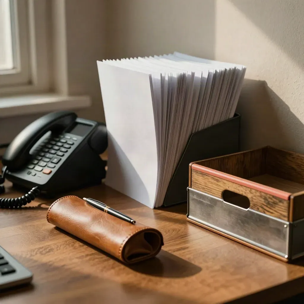 Selectiehoek met dossiers, telefoon en ordentelijke mappen voor werving en selectie.