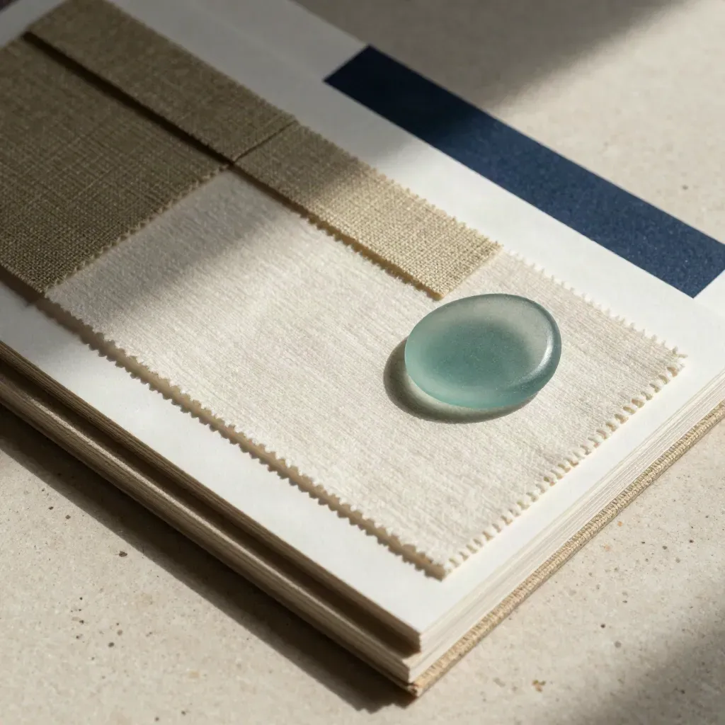 Overhead close-up van materiaalstalen met papier, stof en teal glas op lichte steen.