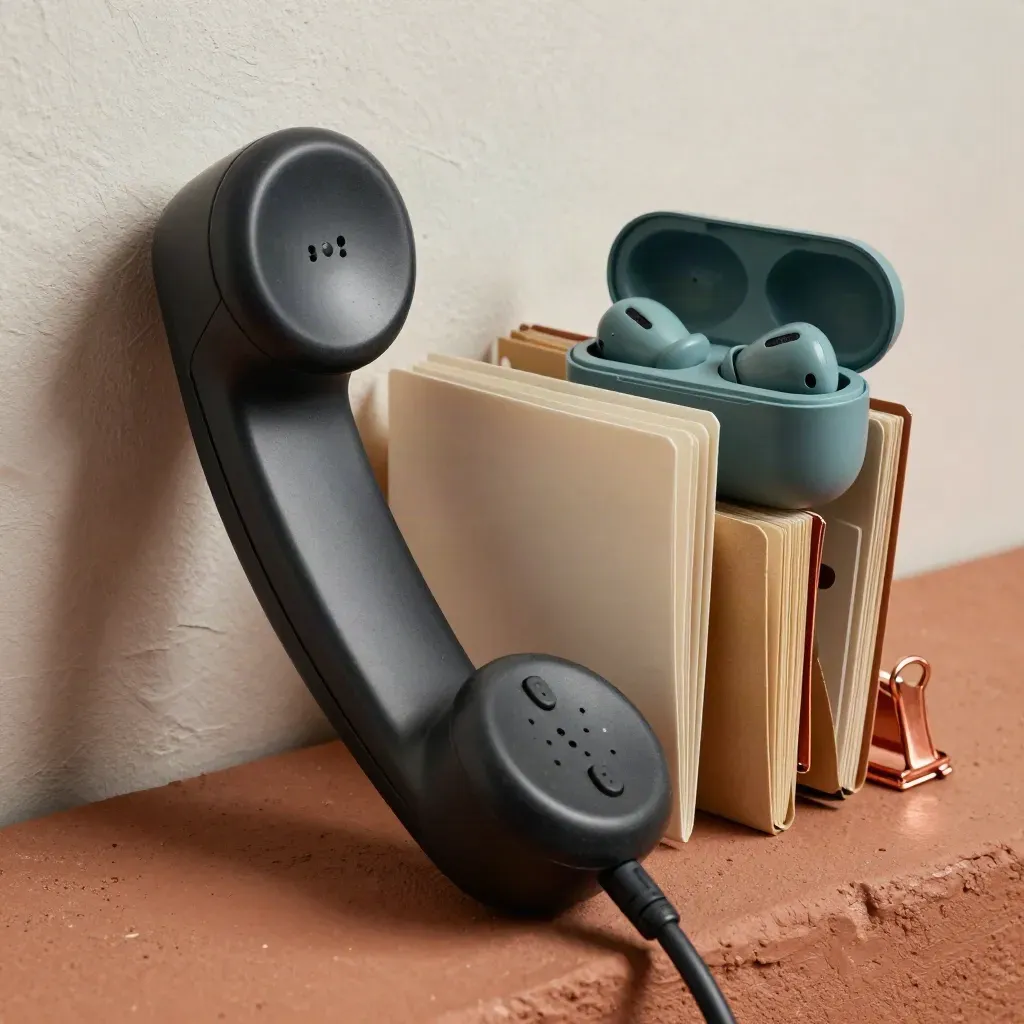 Macro van een kandidaten-sourcer setup met handset, oortjes, tabfolders en koperen clips