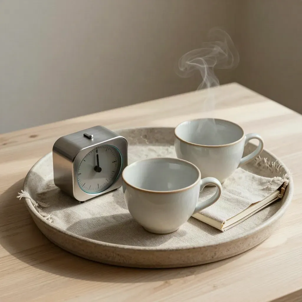 Bovenaanzicht van twee koffiekopjes, een timer en een linnen notitieboek op een houten blad.
