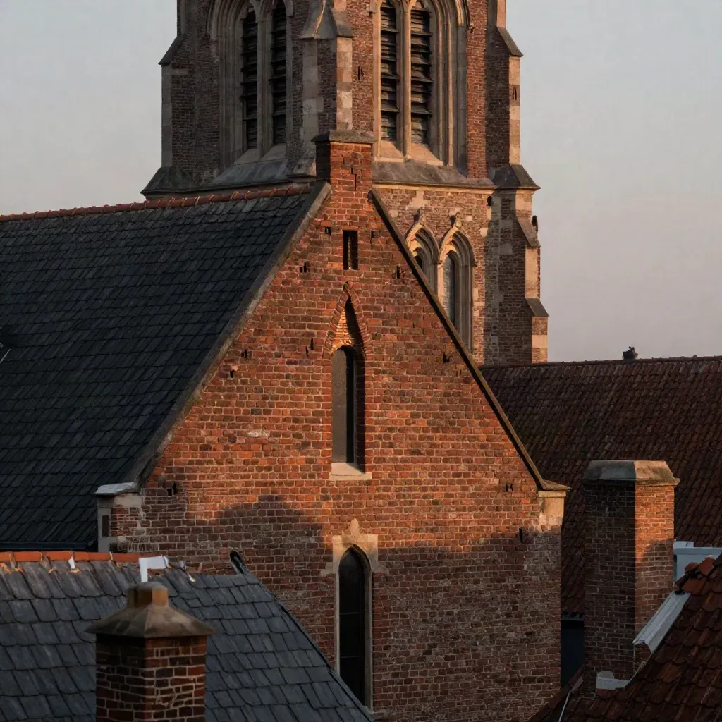 Brabantse rode daken en een kerktoren in warme avondmist, met rustige ruimte voor copy.